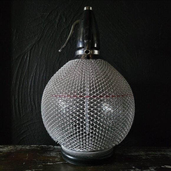 Vintage Mid Century Glass and Chain Metal Syphon Round Glass Seltzer Bottle, Vin - Picture 6 of 9